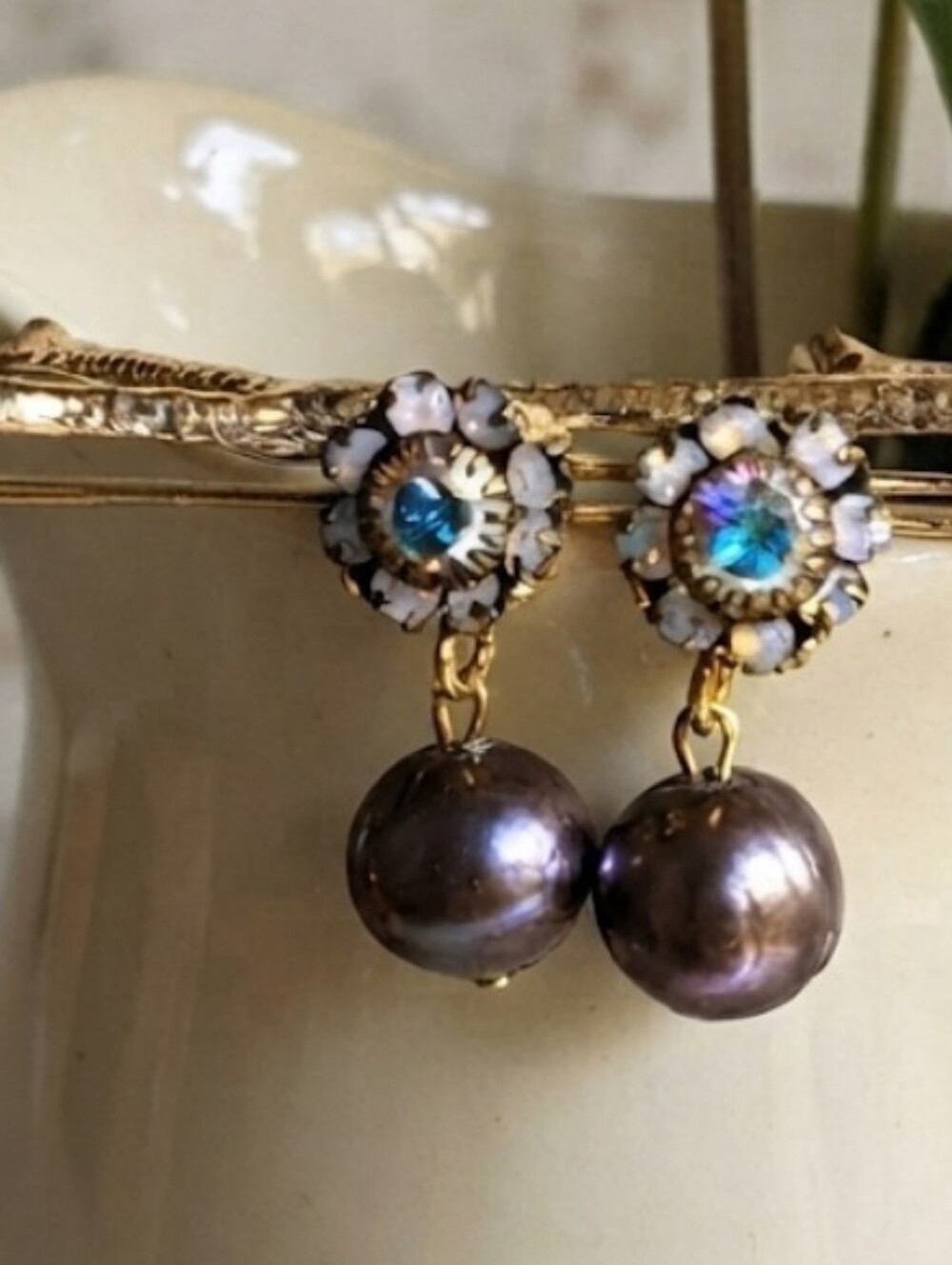 Metallic Purple Silver Flower Crystal And Freshwater Pearl Earrings